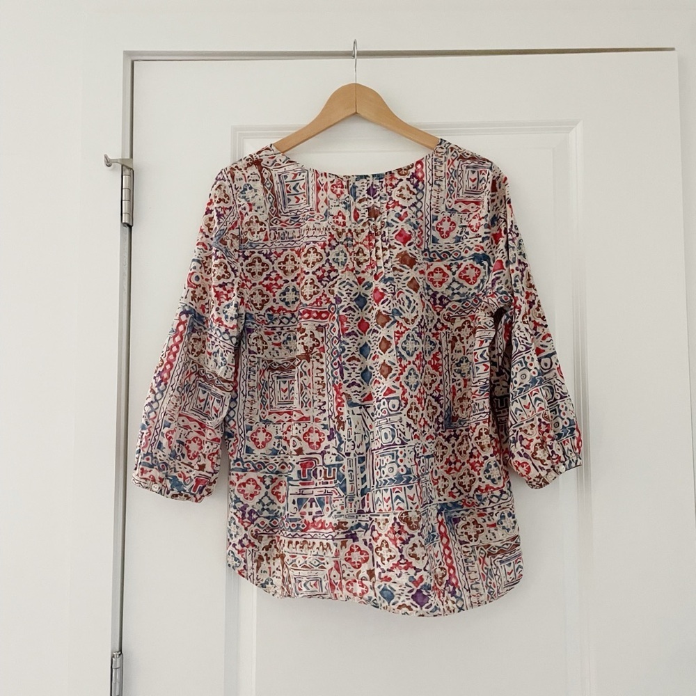 Lauren Ralph Lauren Jeans Co Pintuck Aztec Southwestern Print Cotton Top Boho - Picture 2 of 7